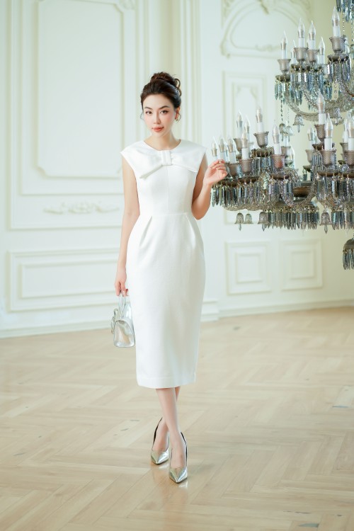 Sixdo White Bowtie Midi Woven Dress